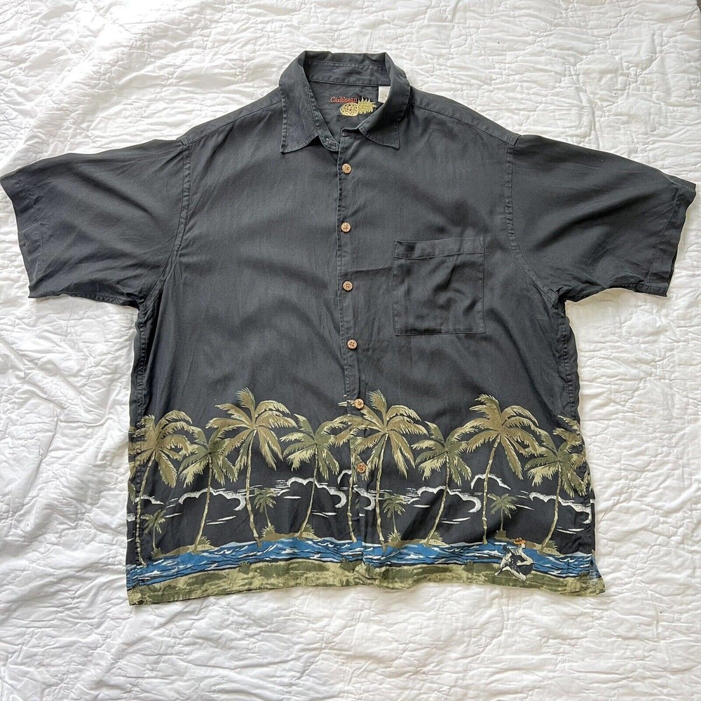 Men's Caribbean Vintage Logo Hawaiian Black Silk-Blend Shirt Size XL